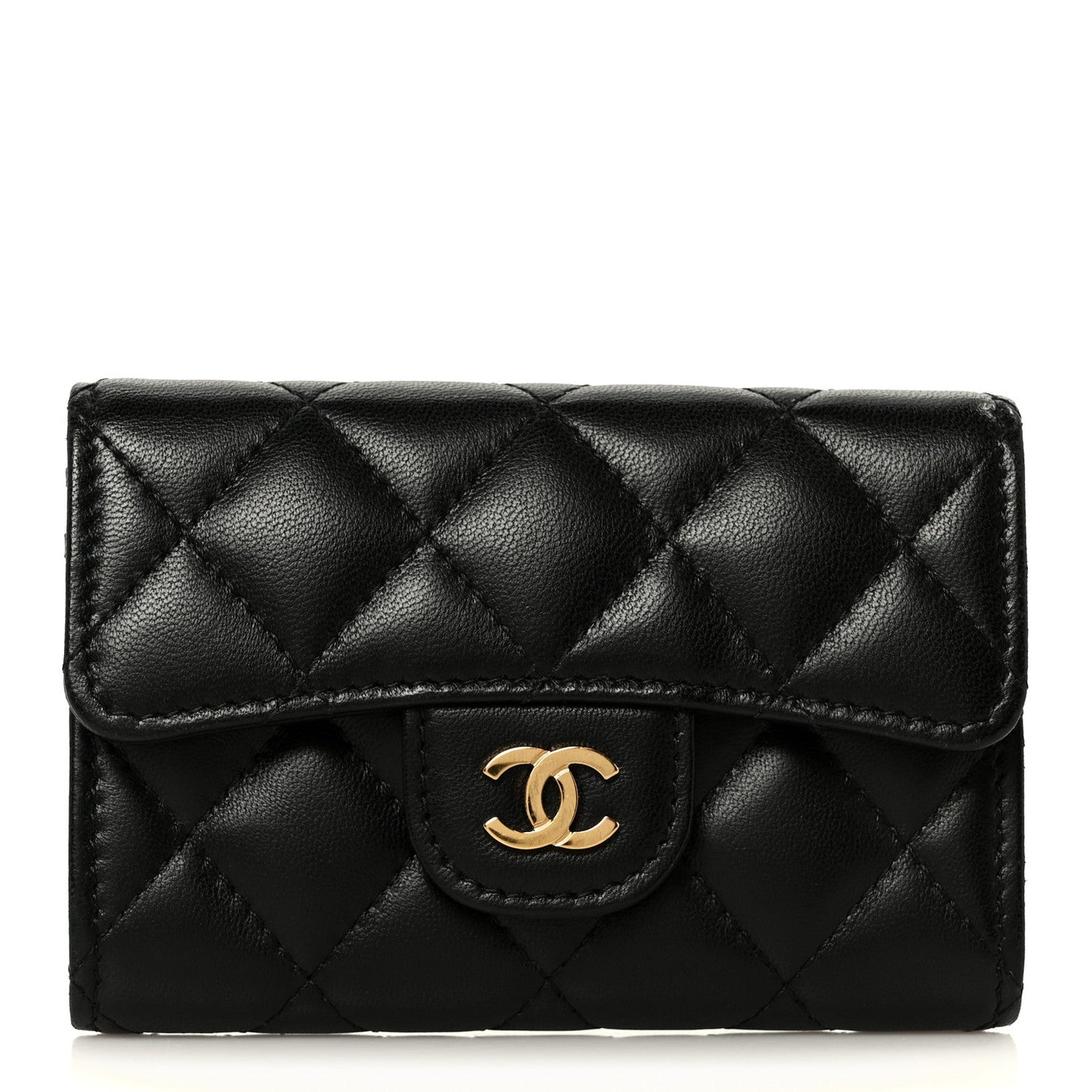 Lambskin Quilted Flap Card Holder Wallet Black