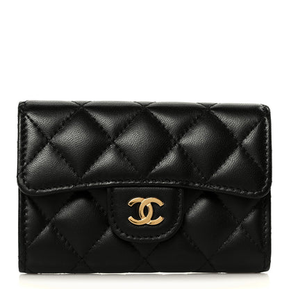 Lambskin Quilted Flap Card Holder Wallet Black