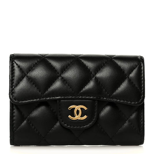 Lambskin Quilted Flap Card Holder Wallet Black