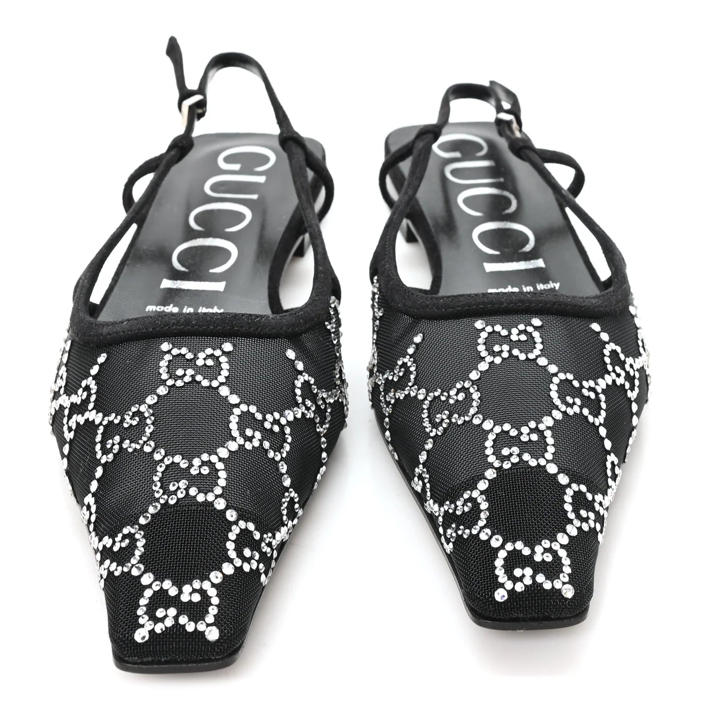 Gucci Tela Retino Kid Scamosciato Crystal GG Monogram Square G 35mm Slingback Pumps 38 Black