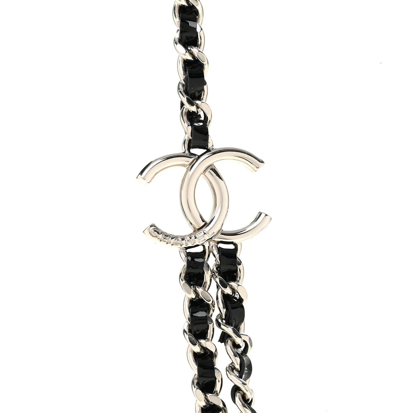Metal Patent CC Double Chain Necklace Black Silver