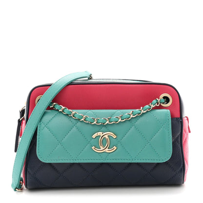 Goatskin Quilted Tri-Color Small In & Out Camera Case Navy Turquoise Pink