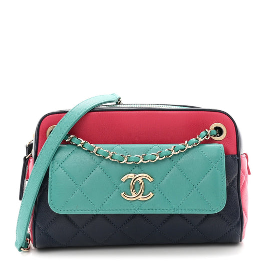 Goatskin Quilted Tri-Color Small In & Out Camera Case Navy Turquoise Pink
