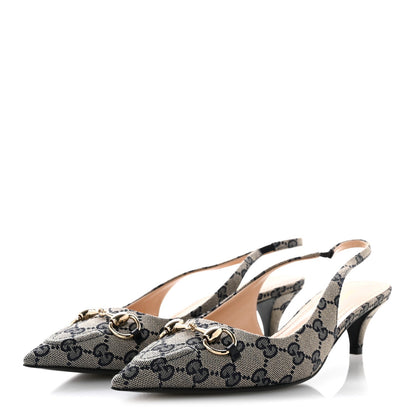 Monogram Horsebit 35mm Slingback Pumps 39.5 Beige Blue