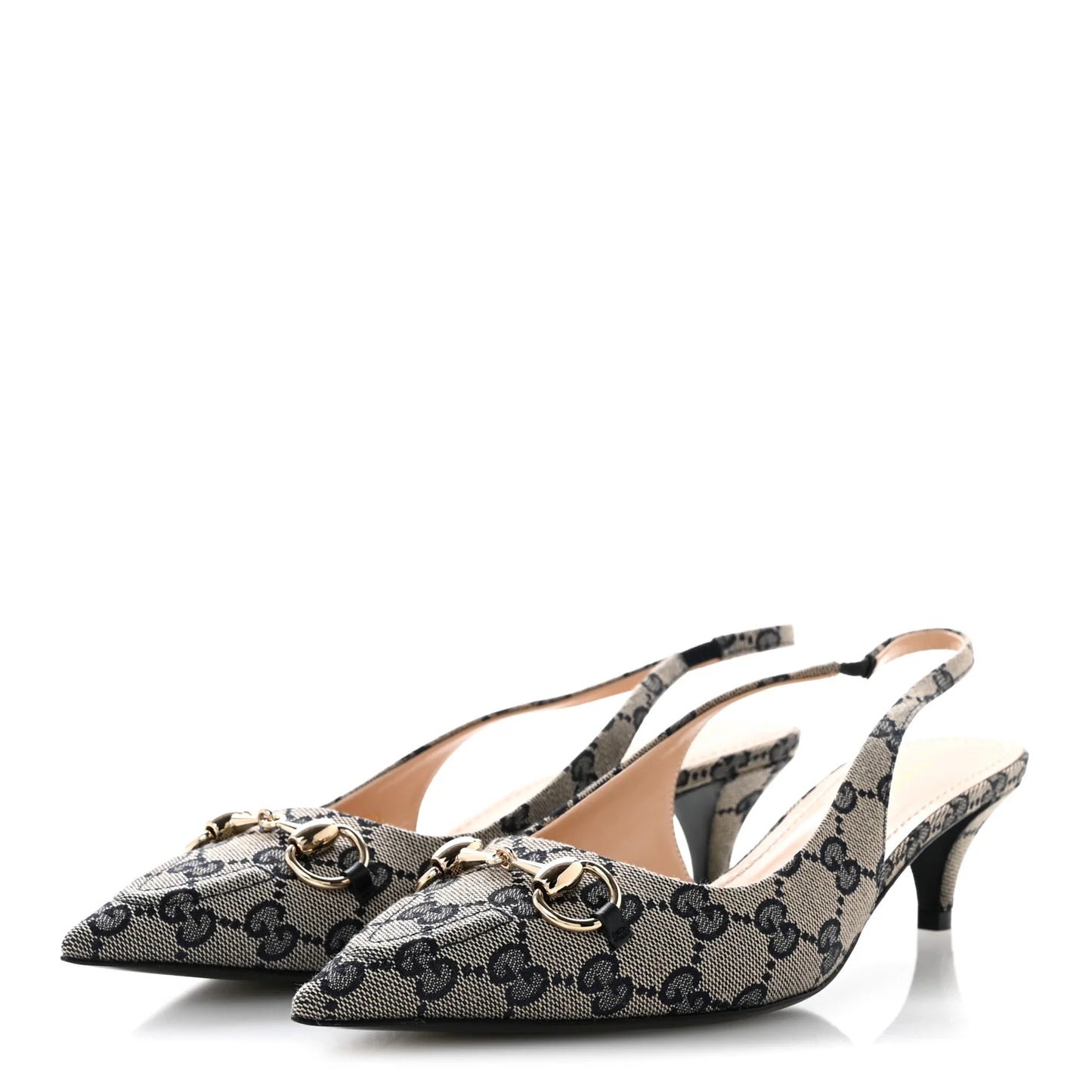 Gucci Monogram Horsebit 35mm Slingback Pumps 39.5 Beige Blue