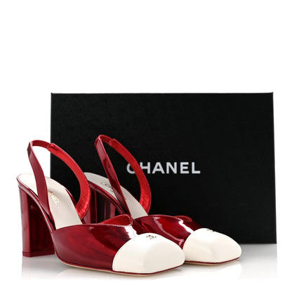 Lambskin Laminated Calfskin Cap Toe CC Slingback Pumps 37.5 Red Ivory