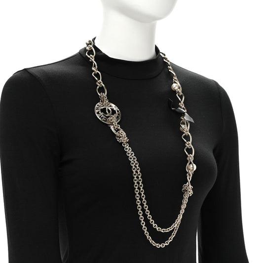 Metal Pearl Chain CC Paris Pendant Long Necklace Light Gold