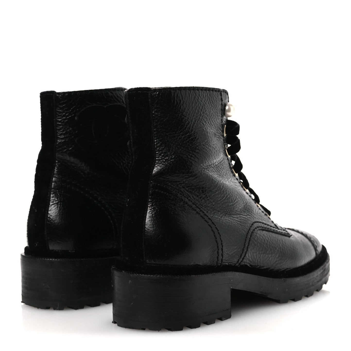 Shiny Calfskin Velvet Pearl Combat Short Boots 38 Black