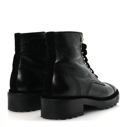 Shiny Calfskin Velvet Pearl Combat Short Boots 38 Black