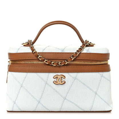 Denim Calfskin Quilted Coco Beach Top Handle Long Vanity Blue Brown