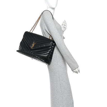 Calfskin Y Quilted Monogram Large Loulou Chain Satchel Black