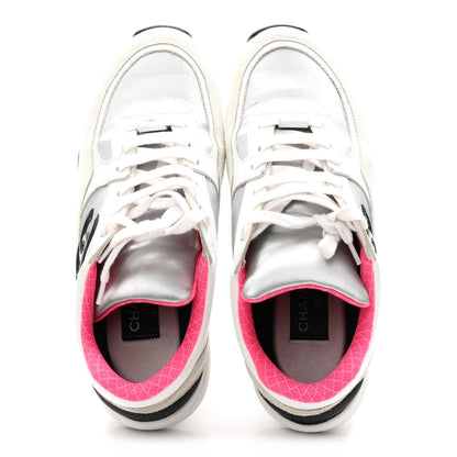 Calfskin Fabric Sneakers 39 White Silver Fluo Pink