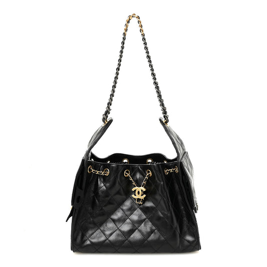 Shiny Crumpled Calfskin Quilted Small Chanel 25 Handbag Black