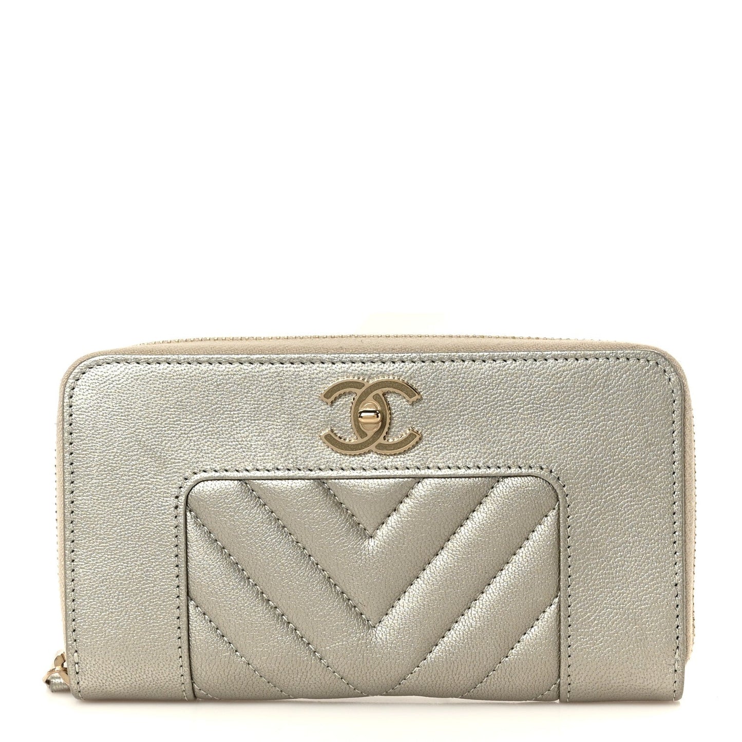 Metallic Sheepskin Chevron Quilted Medium Mademoiselle Vintage Zip Around Wallet Silver
