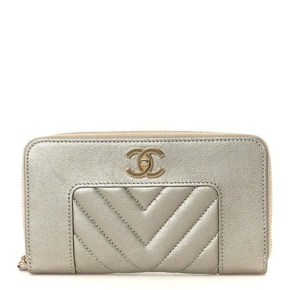 Metallic Sheepskin Chevron Quilted Medium Mademoiselle Vintage Zip Around Wallet Silver