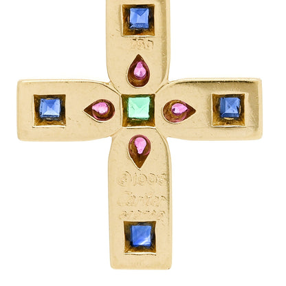18K Yellow Gold Blue Sapphire Ruby Emerald Byzantine Cross Pendant