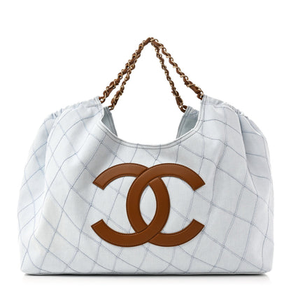 Denim Calfskin Quilted Coco Beach Small Shopping Tote Light Blue Brown