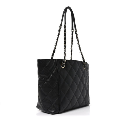 Caviar Quilted Small Shopping Tote Black