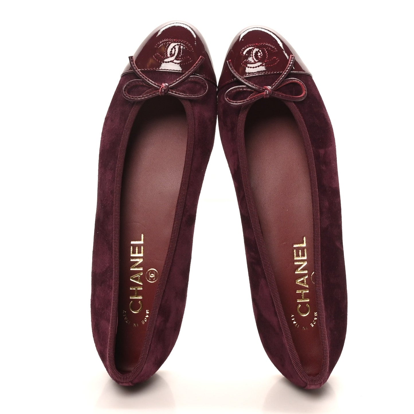 Suede Patent Calfskin Cap Toe CC Ballerina Flats 39 Burgundy