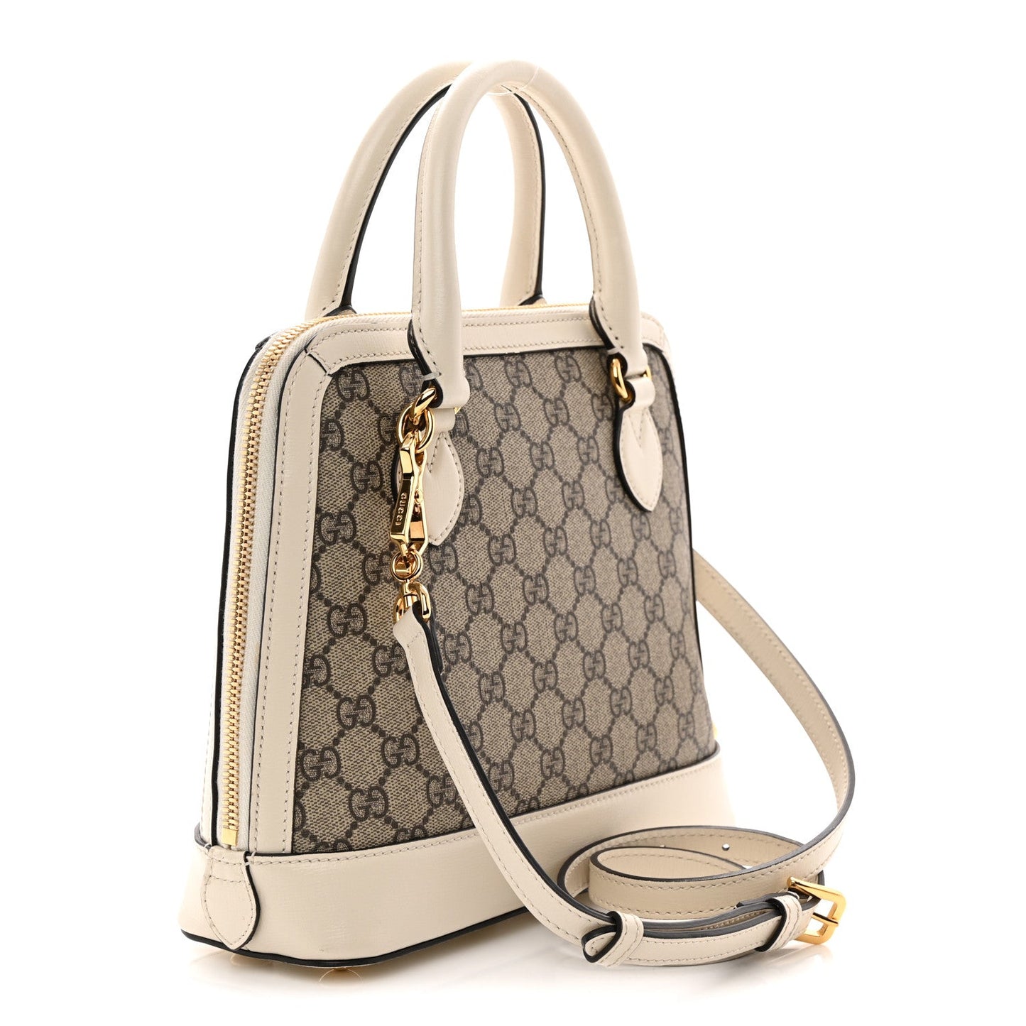 GG Supreme Monogram Azalea Calfskin Small Horsebit 1955 Top Handle Bag Beige Ebony Mystic White