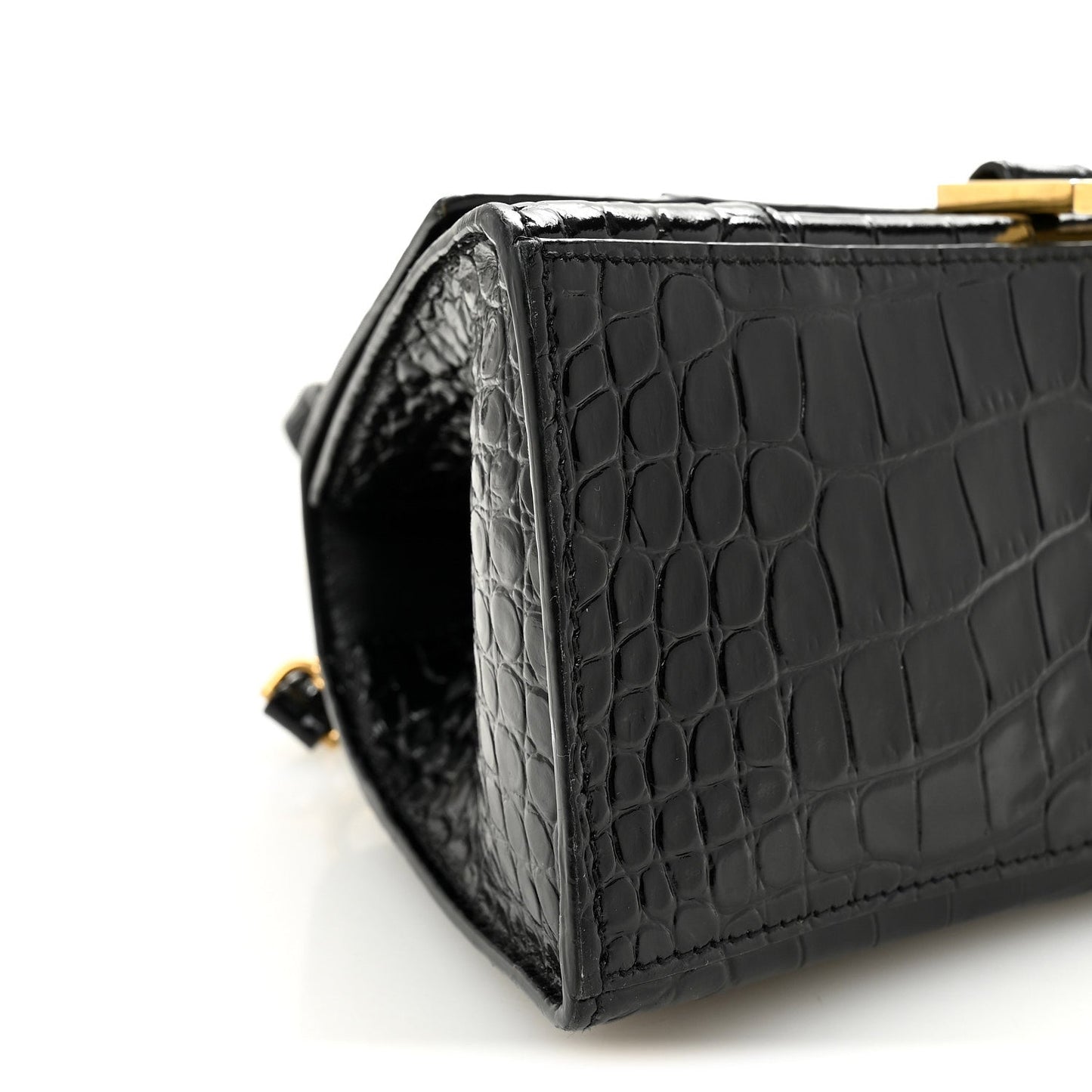 Shiny Calfskin Crocodile Embossed Small Hourglass Top Handle Bag Black