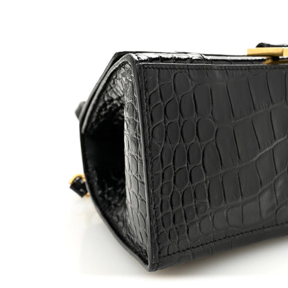 Shiny Calfskin Crocodile Embossed Small Hourglass Top Handle Bag Black