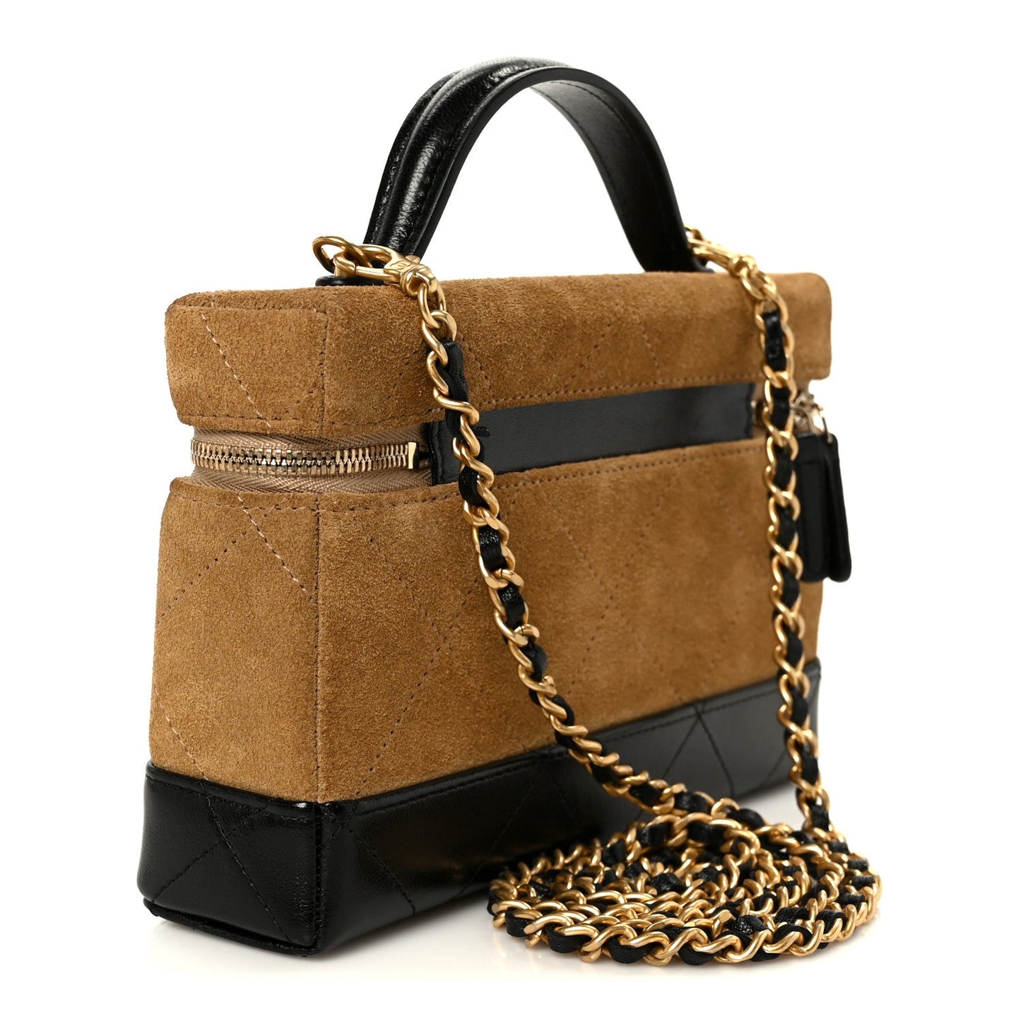 Suede Calfskin Shiny Lambskin Stitched Top Handle Slim Vanity Case With Chain Beige Black