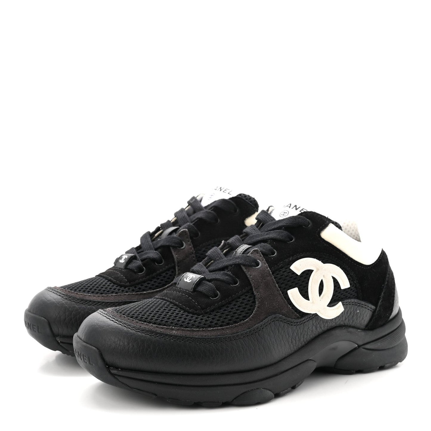 Mesh Suede Grained Calfskin Womens CC Sneakers 37.5 Black White