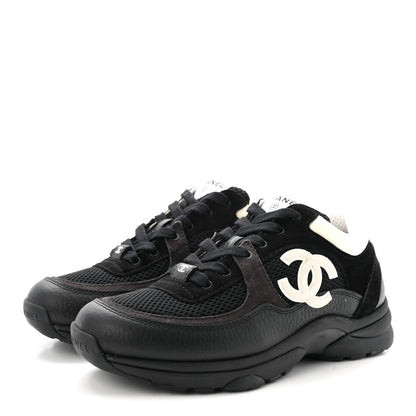 Mesh Suede Grained Calfskin Womens CC Sneakers 37.5 Black White