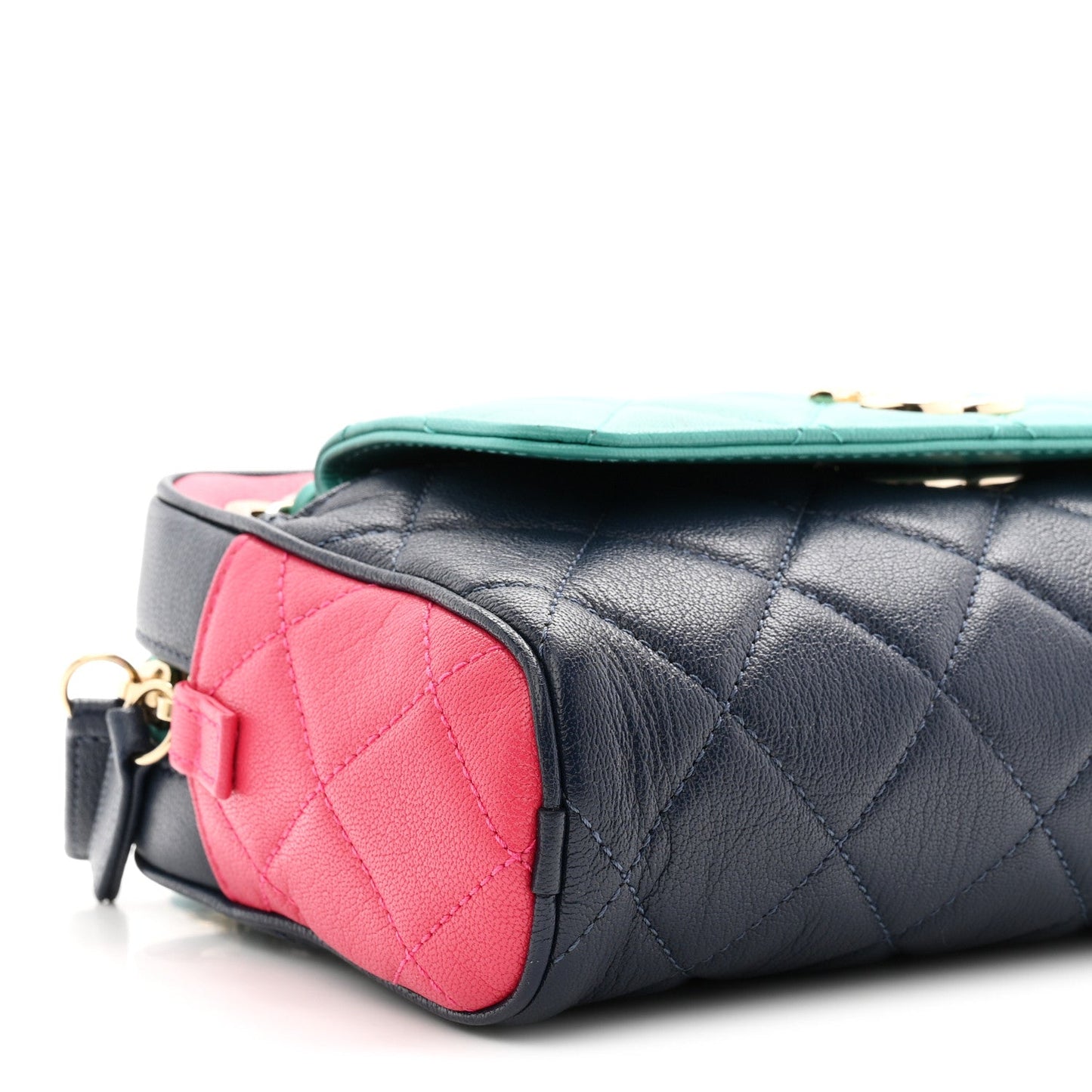 Goatskin Quilted Tri-Color Small In & Out Camera Case Navy Turquoise Pink