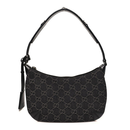 Jacquard Black Denim GG Monogram Horsebit Slim Small Shoulder Bag Black Grey