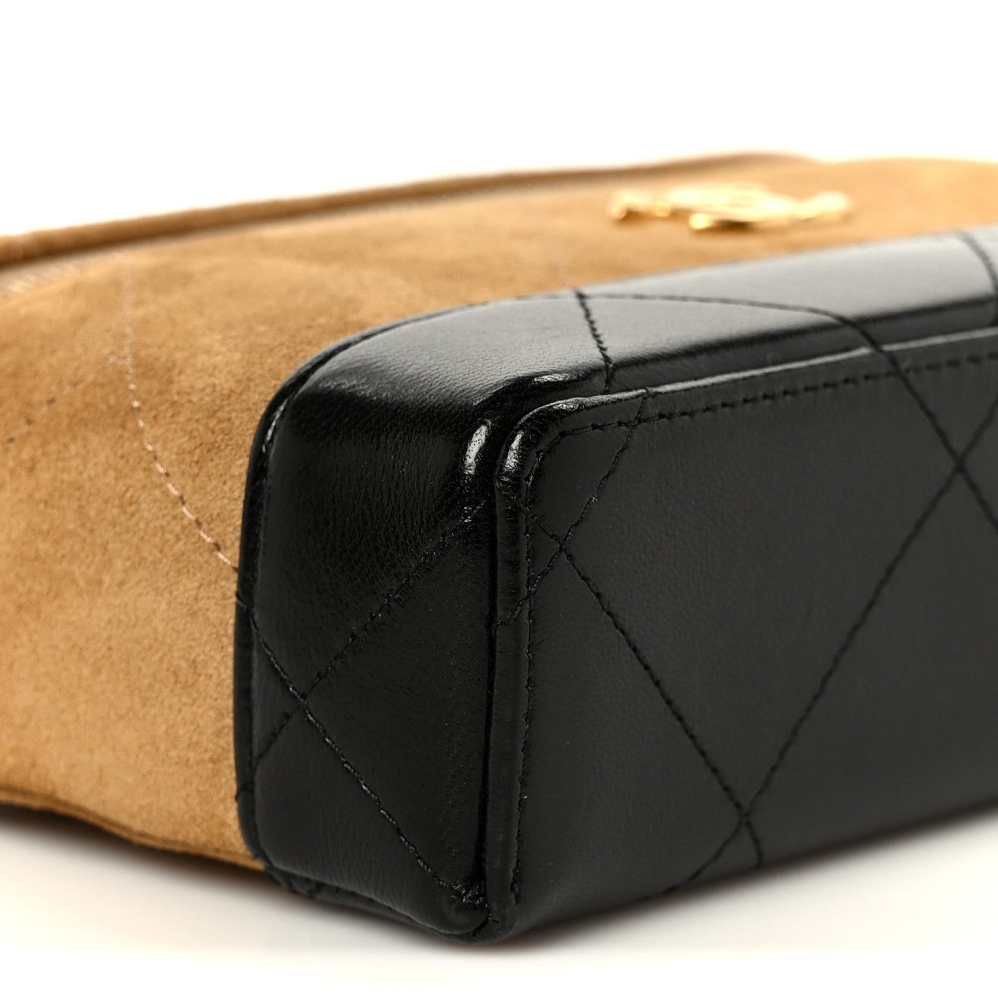 Suede Calfskin Shiny Lambskin Stitched Top Handle Slim Vanity Case With Chain Beige Black