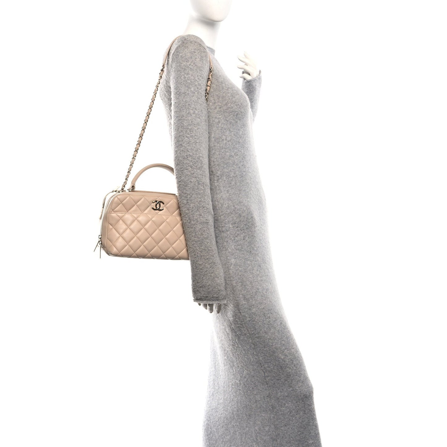 Lambskin Quilted Medium Trendy CC Bowling Bag Beige