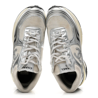 Fabric Laminated Calfskin Stretch CC Womens Sneakers 39 White Silver