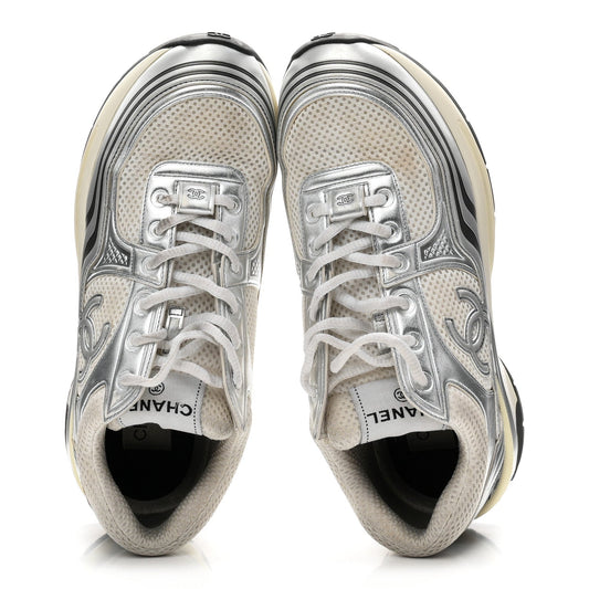 Fabric Laminated Calfskin Stretch CC Womens Sneakers 39 White Silver