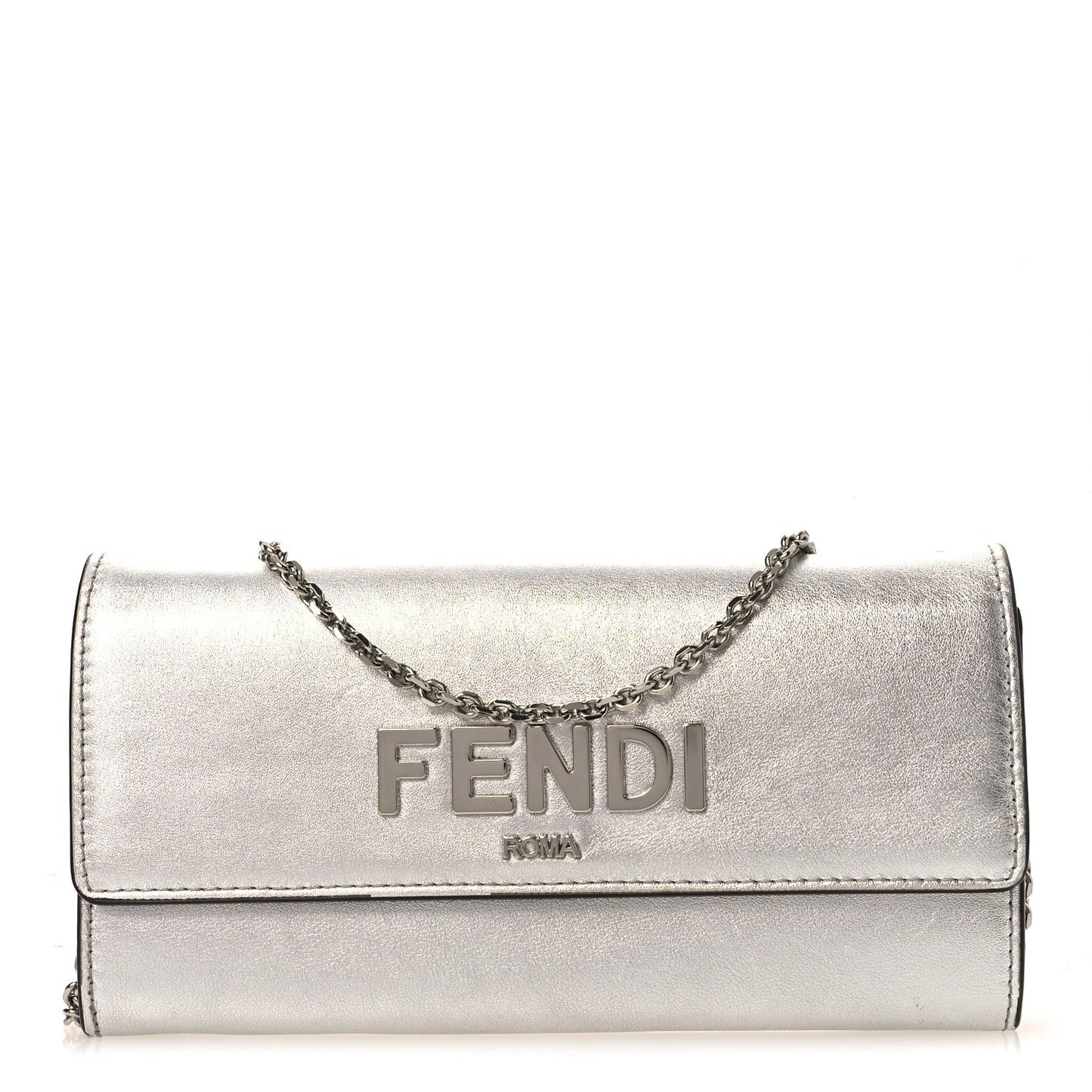Metallic Calfskin Continental Wallet On Chain Argento