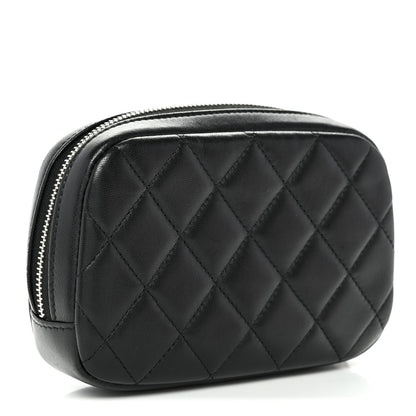 Lambskin Quilted Small Curvy Pouch Cosmetic Case Black