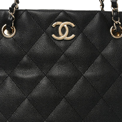 Caviar Quilted Small Shopping Tote Black