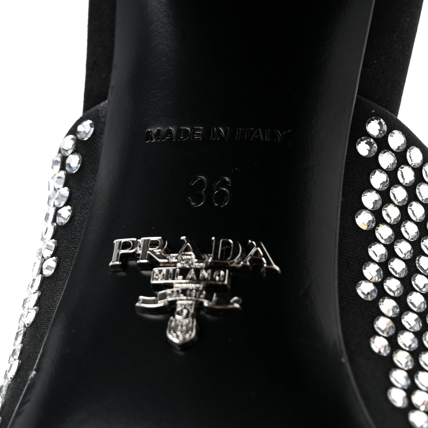 Satin Crystal Logo 90mm Slide Sandals 36 Cristal