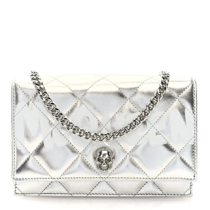 Alexander McQueen Metallic Calfskin Quilted Graffiti Skull Small Chain Crossbody Bag Silver