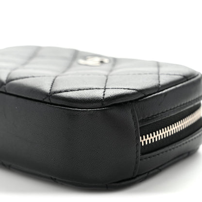 Lambskin Quilted Small Curvy Pouch Cosmetic Case Black