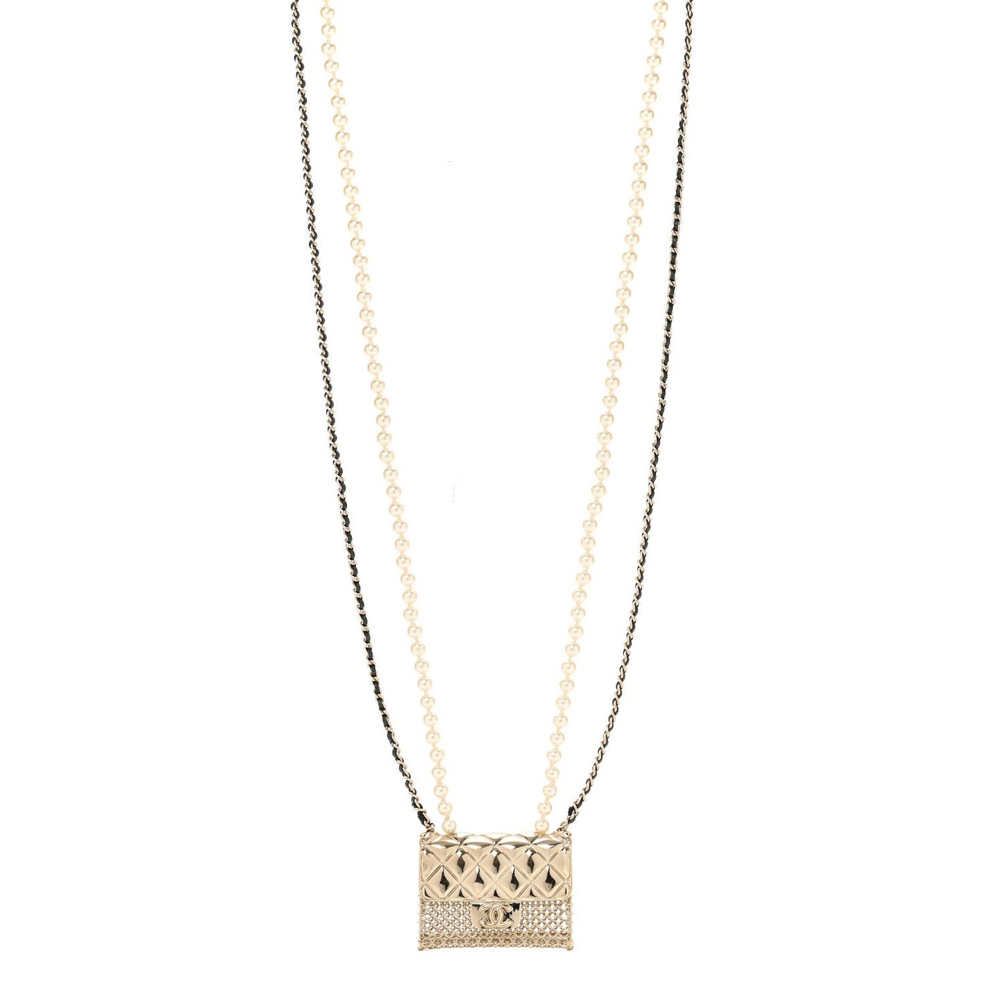 Metal Lambskin Pearl Chain Flap Bag Long Necklace Gold Black Pearly White