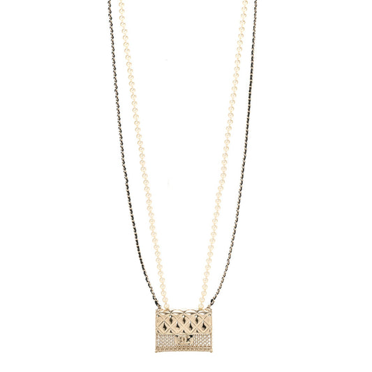 Metal Lambskin Pearl Chain Flap Bag Long Necklace Gold Black Pearly White