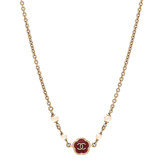 Pearl Enamel CC Camellia Short Necklace Pink Gold