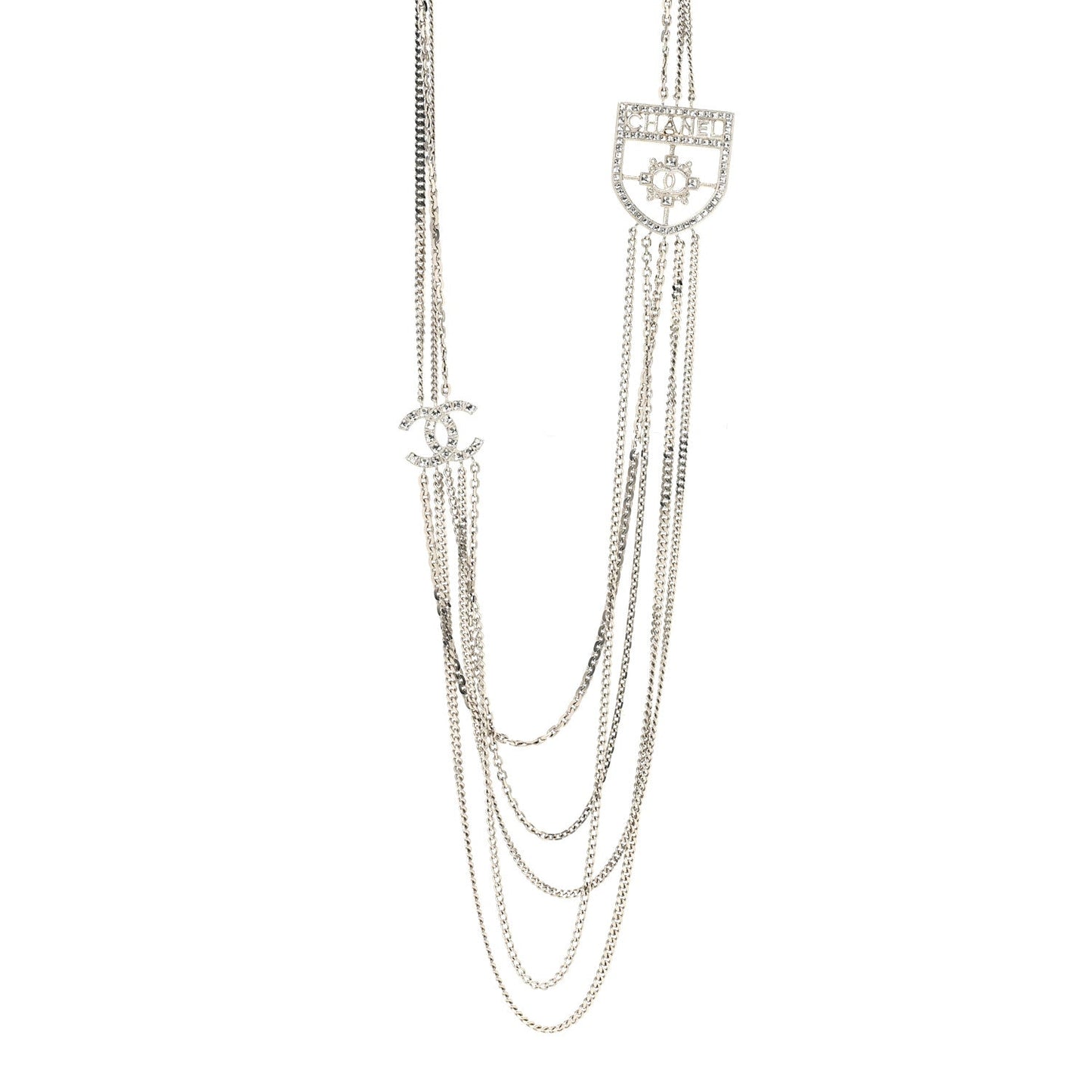Baguette Crystal CC Shield Multi Strand Long Chain Necklace Silver