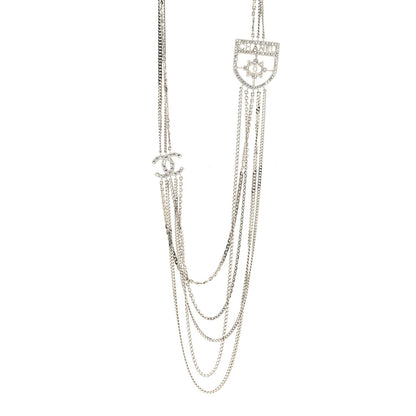 Baguette Crystal CC Shield Multi Strand Long Chain Necklace Silver