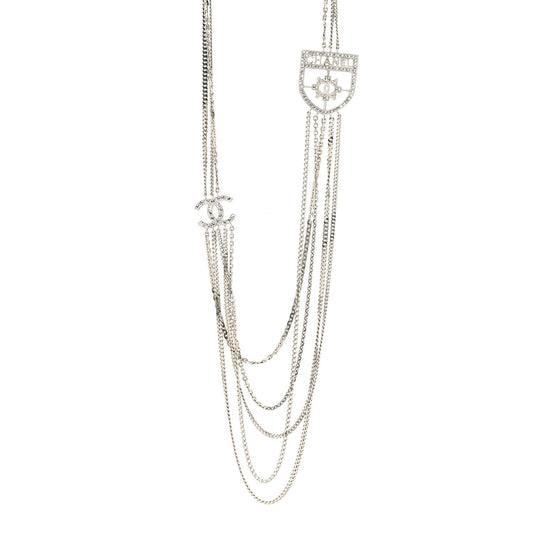 Baguette Crystal CC Shield Multi Strand Long Chain Necklace Silver