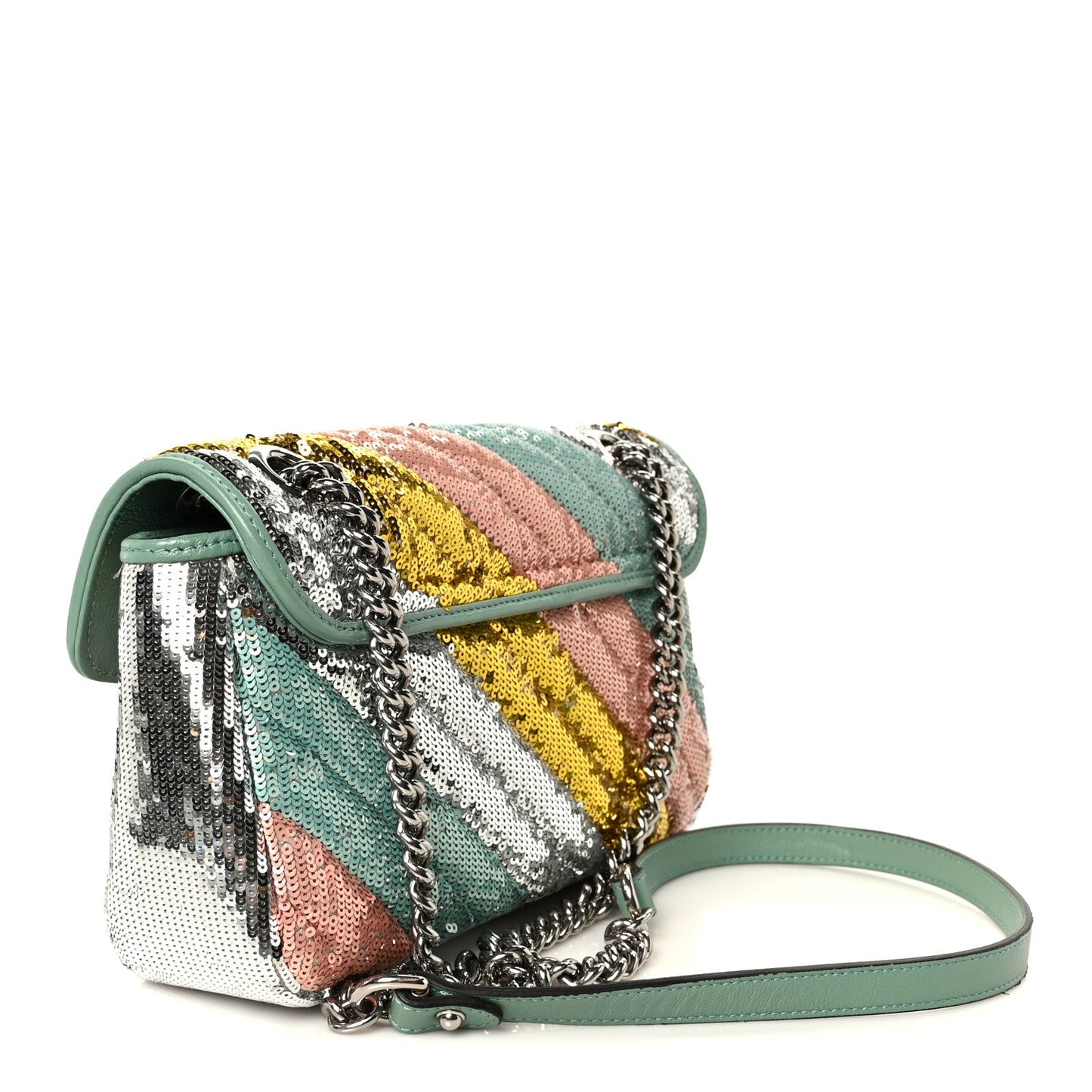 Sequin Satin Calfskin Matelasse Diagonal Small GG Marmont Shoulder Bag Grigio Argento Verde Chiaro Rosa Giallo Light Water Green