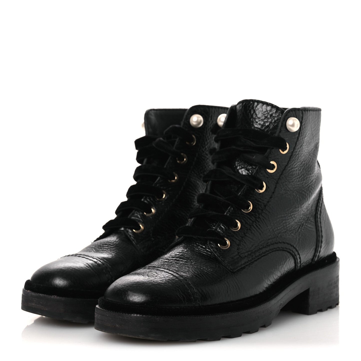 Shiny Calfskin Velvet Pearl Combat Short Boots 38 Black