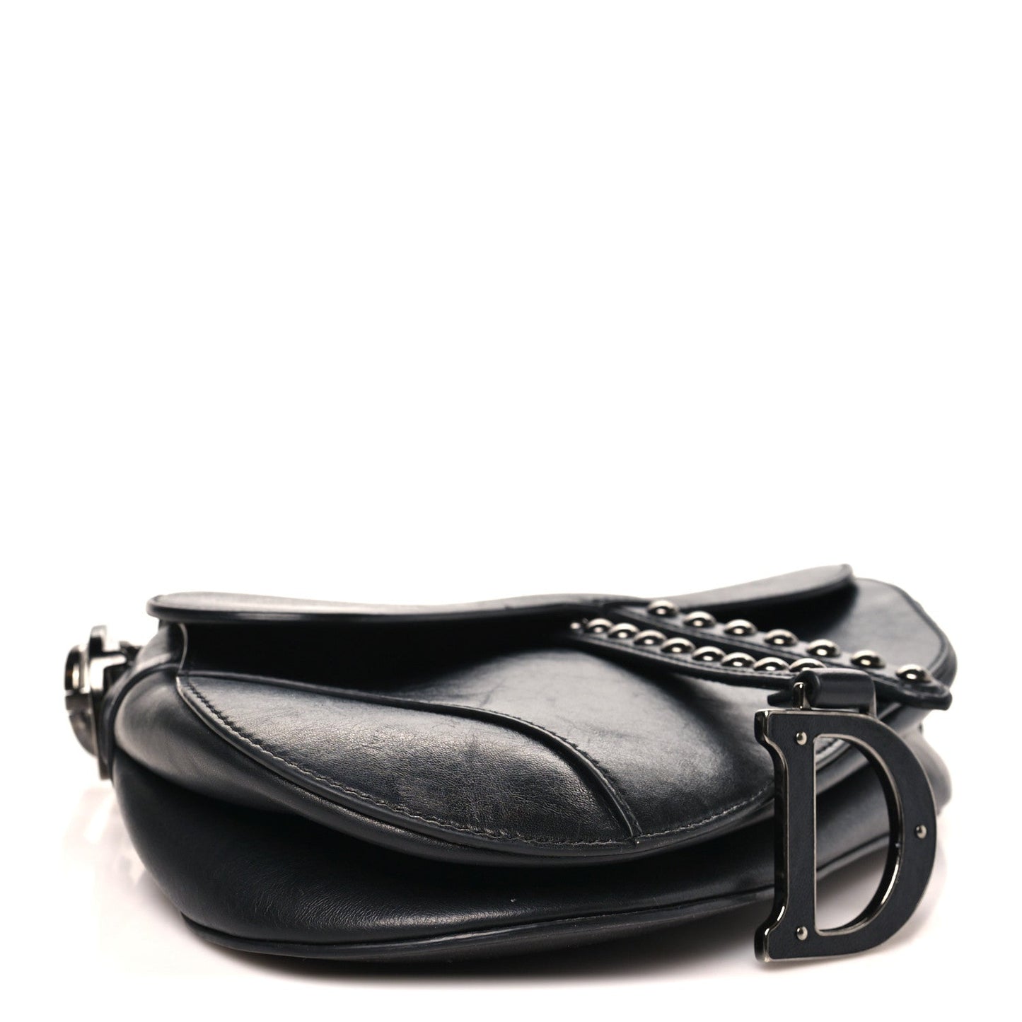 Shiny Crinkled Calfskin Studded Saddle Bag Black